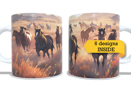 #312 - Set of 2 Coffee and Tea Mugs. Watercolour Wild horses. Full colour sublimated