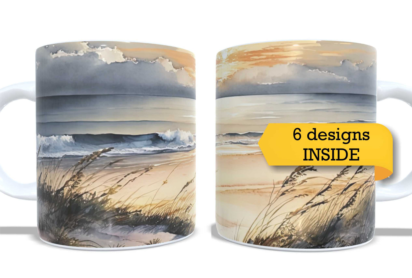 #346 - Set of 2 Coffee and Tea Mugs. Watercolour Serene beach sunset. Full colour sublimated