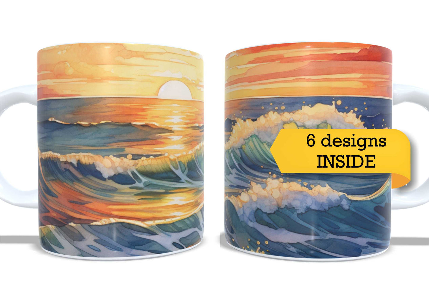 #326 - Set of 2 Coffee and Tea Mugs. Watercolour Sunset Over the Ocean. Full colour sublimated