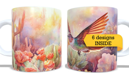 #092 - Set of 2 Coffee and Tea Mugs. Birds in floral garden. Full colour sublimated