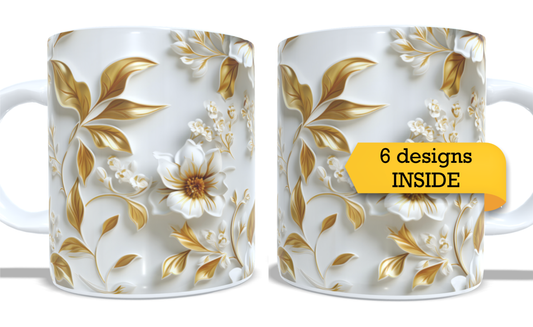 #206 Colourfull Coffee and Tea Mug. Coffee Cup. Tea Mug. Elegant gold 3D AI floral design. Full colour sublimated