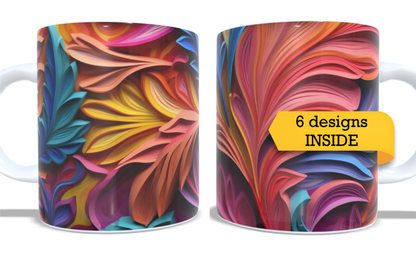 Colourfull Coffee and Tea Mug. Coffee Cup. Tea Mug. 3D AI coloured abstract leaves. Full colour sublimated #215