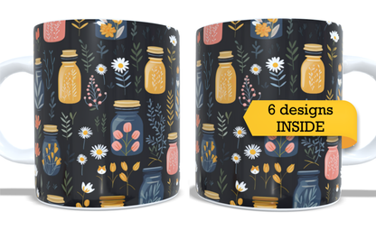 Colourfull Coffee and Tea Mug. Coffee Cup. Tea Mug. Colourfull Jars filled with flowers. Full colour sublimated #205