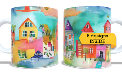 Colourfull Coffee and Tea Mug. Coffee Cup. Tea Mug. Abstract beach vilage. Full colour sublimated #210