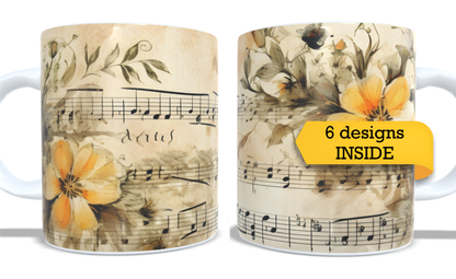 Colourfull Coffee and Tea Mug. Coffee Cup. Tea Mug. Sheet music and flowers. Full colour sublimated #274