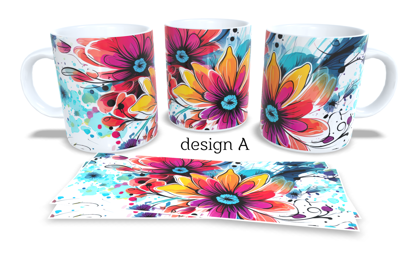 #008 Set of 2 Coffee and Tea Mugs. Tea Mug. Watercolour florar design. Full colour sublimated