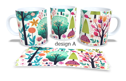 #031 Colourfull Coffee and Tea Mug. Coffee Cup. Tea Mug. Abstract woodland design. Full colour sublimated