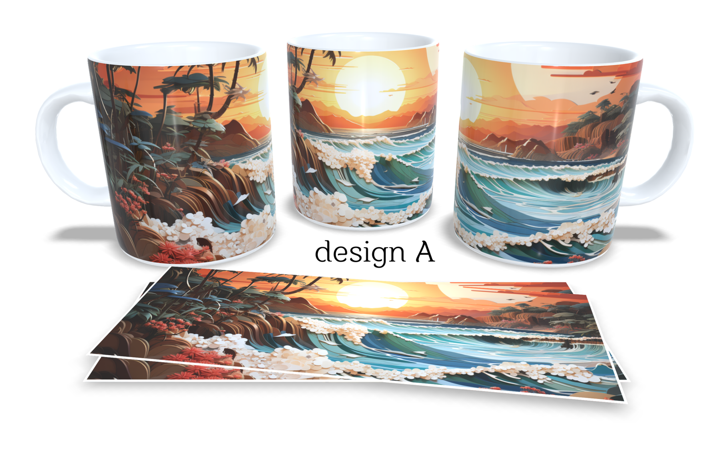 #073 Colourfull Coffee and Tea Mug. Coffee Cup. Tea Mug. Artistic 3D beach and waves AI design. Full colour sublimated