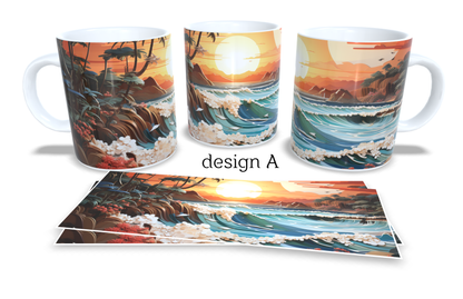 #073 Colourfull Coffee and Tea Mug. Coffee Cup. Tea Mug. Artistic 3D beach and waves AI design. Full colour sublimated