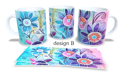 #046 Colourfull Coffee and Tea Mug. Coffee Cup. Tea Mug. Abstract floral design. Full colour sublimated