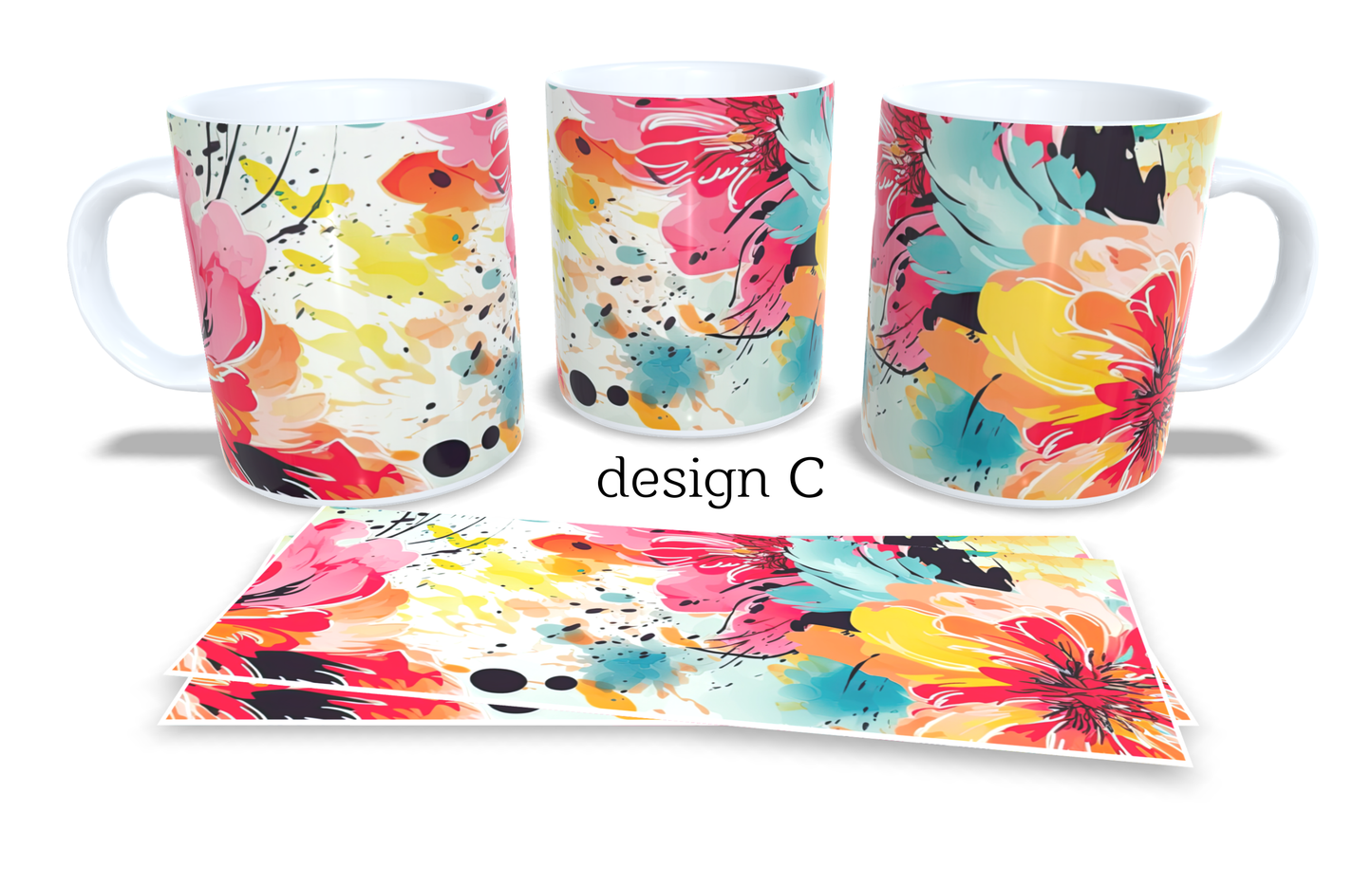 #008 Set of 2 Coffee and Tea Mugs. Tea Mug. Watercolour florar design. Full colour sublimated