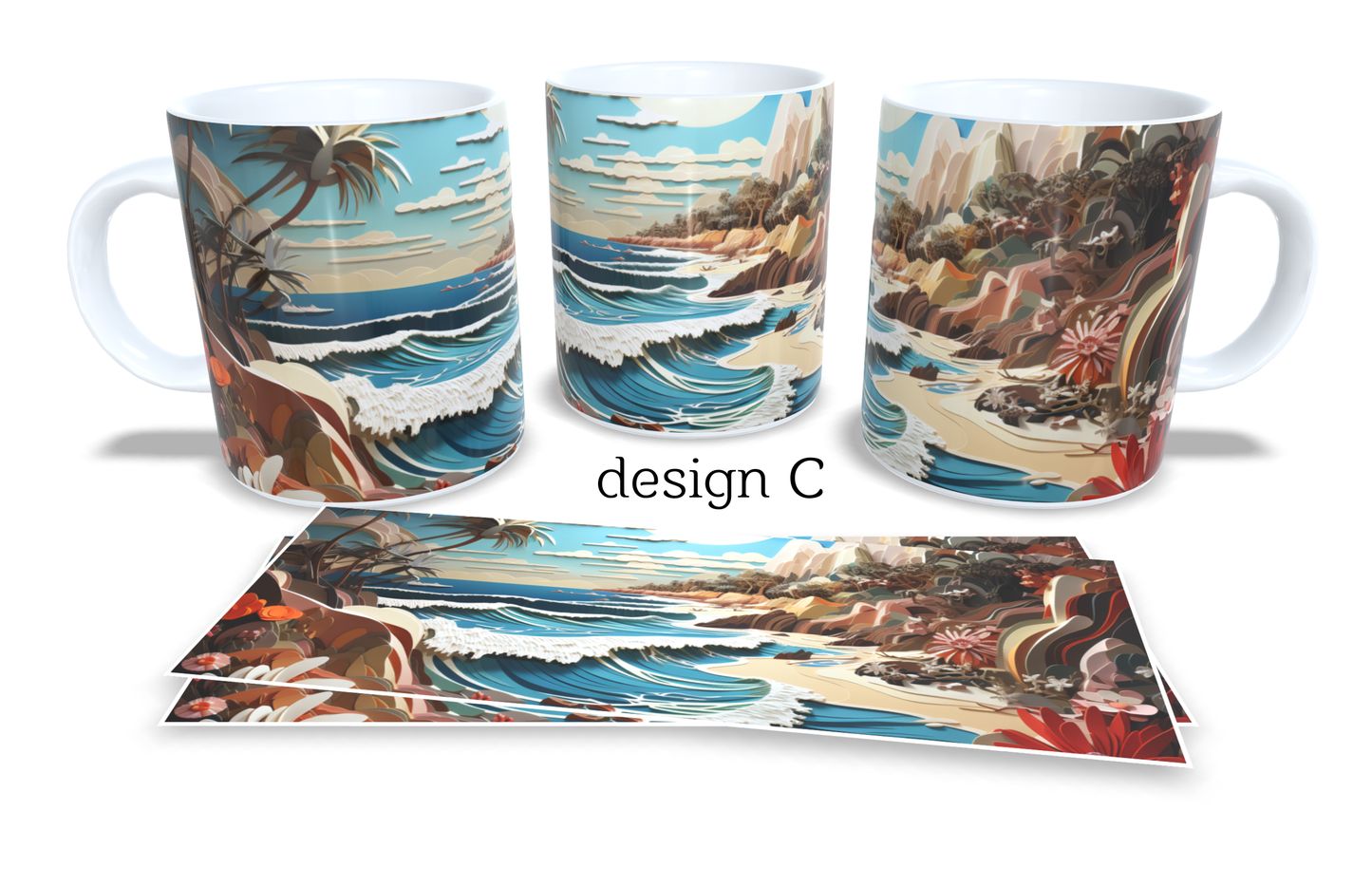 #073 Colourfull Coffee and Tea Mug. Coffee Cup. Tea Mug. Artistic 3D beach and waves AI design. Full colour sublimated