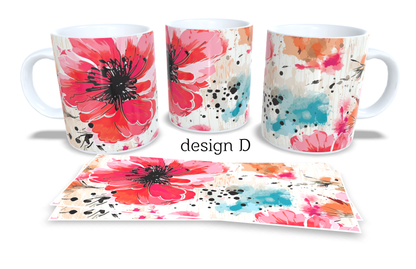 #008 Set of 2 Coffee and Tea Mugs. Tea Mug. Watercolour florar design. Full colour sublimated