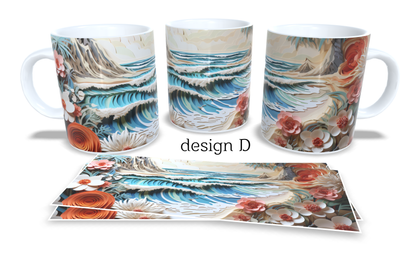 #073 Colourfull Coffee and Tea Mug. Coffee Cup. Tea Mug. Artistic 3D beach and waves AI design. Full colour sublimated