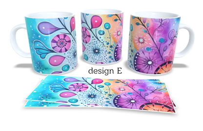 #046 Colourfull Coffee and Tea Mug. Coffee Cup. Tea Mug. Abstract floral design. Full colour sublimated