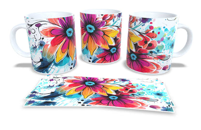 #008 - Set of 2 Coffee and Tea Mugs. Tea Mug. Watercolour florar design. Full colour sublimated