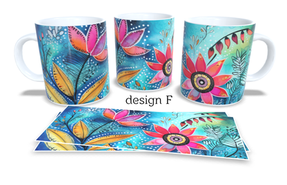 #046 Colourfull Coffee and Tea Mug. Coffee Cup. Tea Mug. Abstract floral design. Full colour sublimated