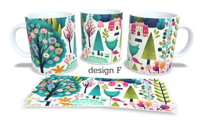 #031 Colourfull Coffee and Tea Mug. Coffee Cup. Tea Mug. Abstract woodland design. Full colour sublimated