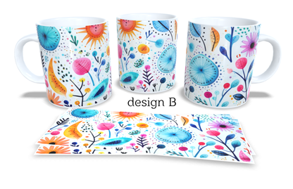 #105 Colourfull Coffee and Tea Mug. Coffee Cup. Tea Mug. Abstract floral design. Full colour sublimated