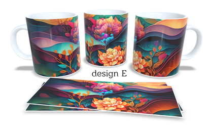 Colourfull Coffee and Tea Mug. Coffee Cup. Tea Mug. 3D AI abstract floral design. Full colour sublimated #329