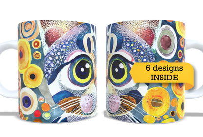 #379 - Set of 2 Coffee and Tea Mugs. Abstract cats design. Full colour sublimated