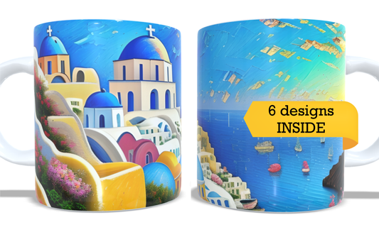 #056 Colourfull Coffee and Tea Mug. Coffee Cup. Tea Mug. Santorini Greece. Full colour sublimated