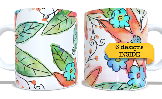 #259 Colourfull Coffee and Tea Mug. Coffee Cup. Tea Mug. Colourfull hand drawing florar design. Full colour sublimated