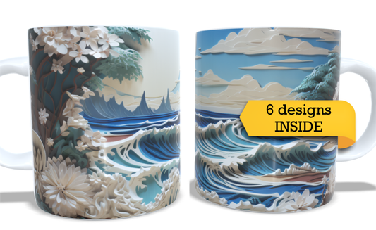 #073 Colourfull Coffee and Tea Mug. Coffee Cup. Tea Mug. Artistic 3D beach and waves AI design. Full colour sublimated