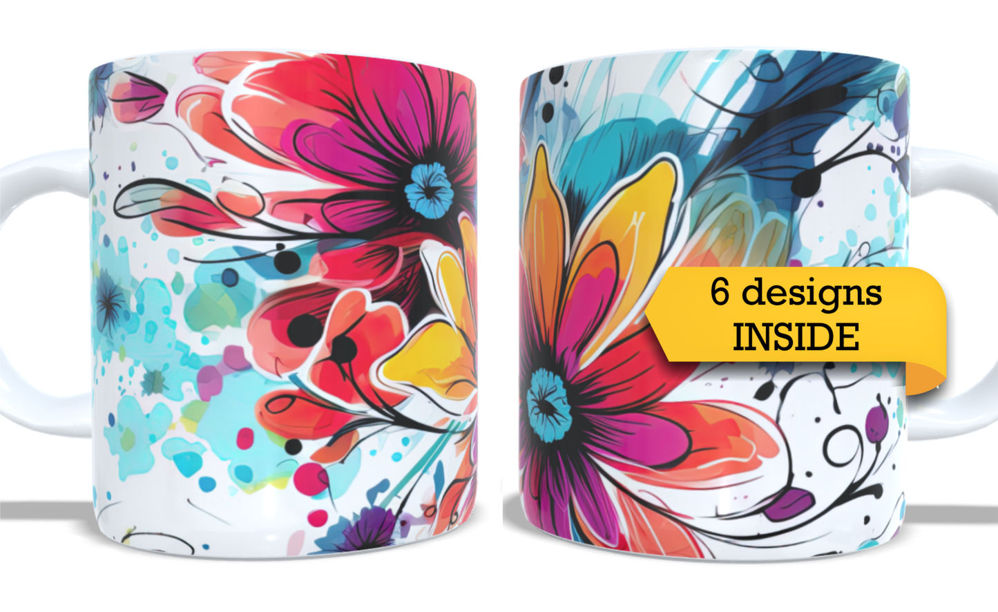 #008 Set of 2 Coffee and Tea Mugs. Tea Mug. Watercolour florar design. Full colour sublimated