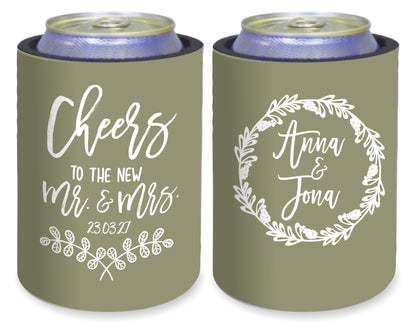 Personalized Wedding Stubby Holders. - Cheers to the new Mr and Mrs.